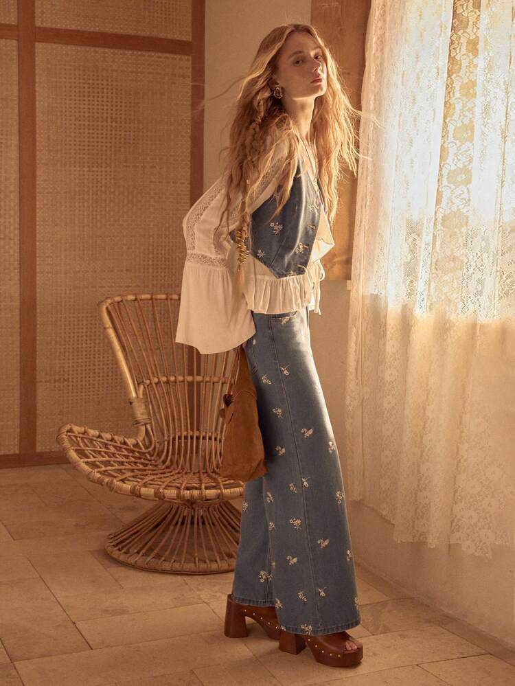 MOTF STUDIO DENIM EMBROIDERY DITSY FLORAL VEST JACKET & WIDE LEG JEANS SET