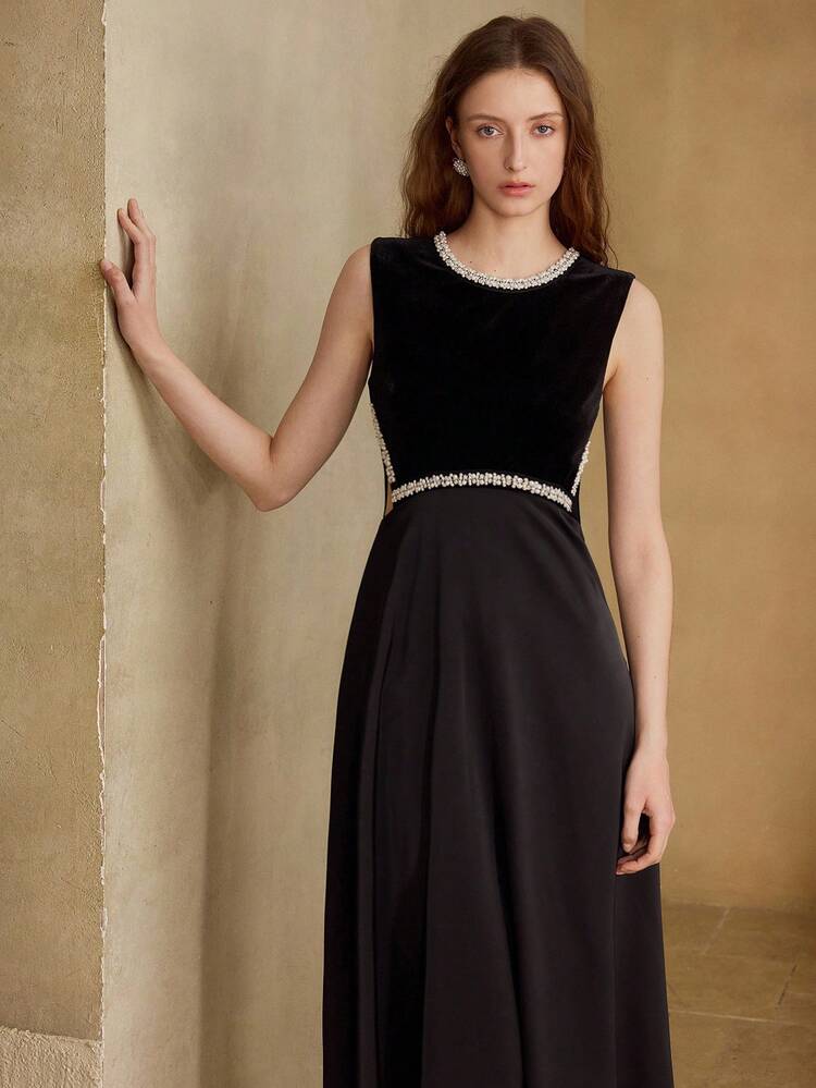 MINIMALIST CONTRAST FAUX PEARL BEADED MID-LENGTH DRESS FOR WOMEN
