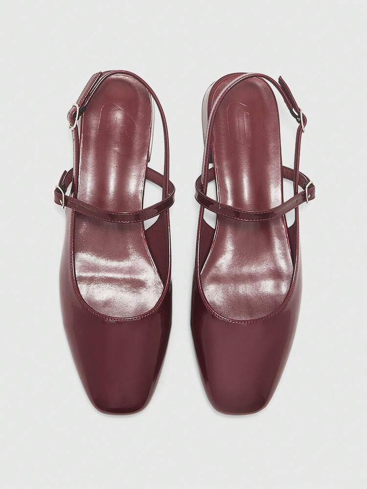 CUCCOO BIZCHIC Coarse Heel Flat-Soled Women's Shoes Burgundy Back Strap Belt Simple And Comfortable Commuter Women's Flat-Soled Shoes Daily Versatile Work Spring And Summer Mary Jane Women's Shoes