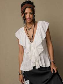 Blusa sin mangas de encaje blanco estilo bohemio, camisa con cuello en V, cordón, volantes en el bajo y flecos, diseño holgado y relajado que favorece la figura - Blanco - Ver 3
