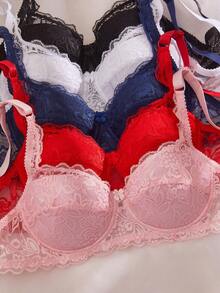 SHEIN 5pcs/Set Bra Wanita Seksi untuk Harian dengan Motif Renda dan Tali Bahu yang Dapat Diatur - MultiWarna - View 4