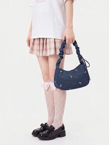 ROMWE Kawaii 1 件牛仔布光滑拉链蝴蝶结印花休闲时尚独特单肩包，适合女性日常使用 - 藍色 - 查看 6