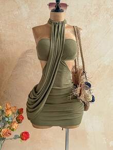 Soleia 女士春夏裹身不对称飘逸系带修身迷你连衣裙，适合约会、花园派对、下午茶、插花、波西米亚风、度假、复古、假日等场合 - 軍綠色 - 查看 3