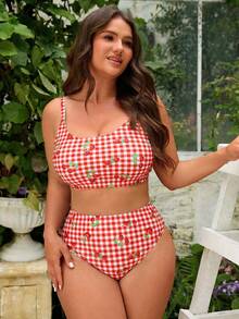 Swim Mod Plus Size 2pcs Gingham & Cherry Print Scoop Neck Top With High Waist Bottoms Swimwear Set, Suitable For Summer Beach & Vacation - Red and White - View 7