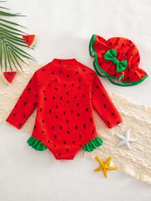 Baju Renang Terusan Bayi Baru Lahir Motif Semangka Blok Warna Berkerut dengan Topi, Perlengkapan Pantai, Pakaian Renang untuk Berenang - Merah - View 2