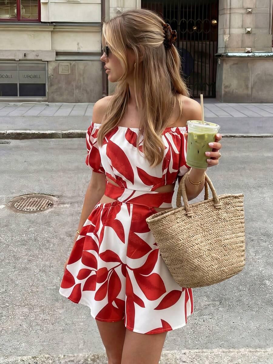 Pariaura 女士度假休闲植物印花露肩镂空连体裤 女士夏季服装 - 紅色 - 查看 1