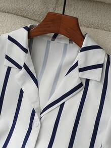 SHEIN PETITE Áo sơ mi ngắn tay kẻ sọc trắng xanh, trang phục thanh lịch cho kỳ nghỉ xuân/hè, phù hợp cho các bữa tiệc và mùa mới. - Nhiều màu - Xem 3