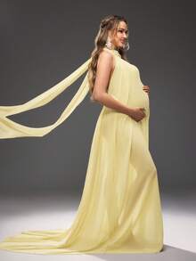 Cheriluna Maternity 孕妇纯色侧开衩露背吊带写真连衣裙 - 芥末黃 - 查看 5