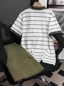 Mirajuku 2pcs Boys' Casual Striped Polo Shirt & Red Woven Shorts Set, Suitable For Spring/Summer Outdoor Activities - Army Green - View 2