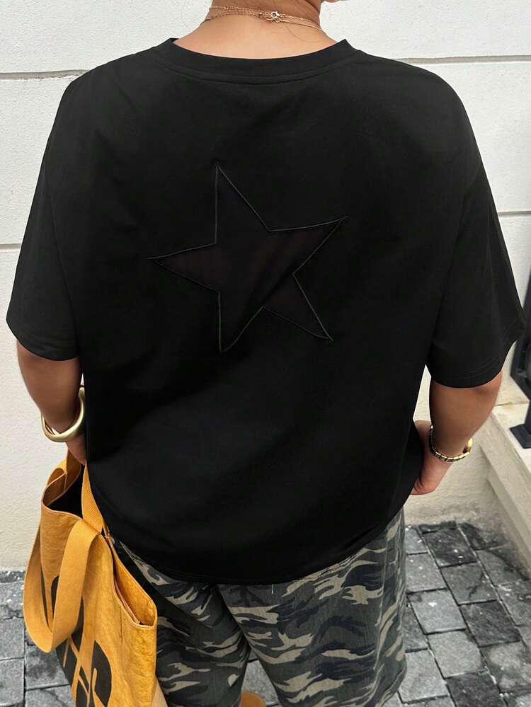 Dazy Plus Solid Color Round Neck Casual Loose Korean Style Back Star Patch Plus Size Black Short Sleeve T-Shirt, Spring/Summer