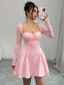 SHEIN Glamour 节日服装连衣裙 圣诞派对舞会 白色蕾丝长袖公主蓬蓬裙性感迷你连衣裙；秋季女装；节日派对连衣裙；新年夜连衣裙；新年女装；情人节迷你连衣裙；春夏迷你连衣裙；黑白拼接黑色束身连衣裙 - 粉色 - 查看 8