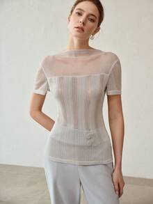 MOTF PREMIUM GLITTER THREAD KNIT SHORT SLEEVE FITTED TOP FOR WOMEN - Silver - View 3