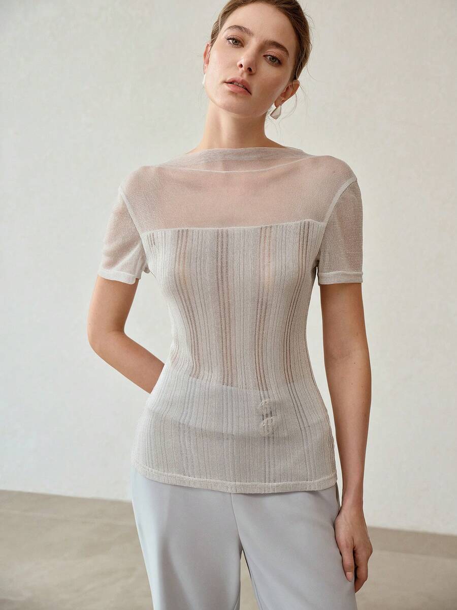 MOTF PREMIUM GLITTER THREAD KNIT SHORT SLEEVE FITTED TOP FOR WOMEN - Silver - View 1