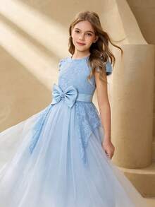 Girls' Luxury Niche High-End Hostess Birthday Performance Dress, Piano Recital Runway Princess Gown, Elegant Tulle Maxi Dress Girls Blue Elegant Dress Girls Lace And Tulle Dress Girls Formal Blue Dress Girls Formal Dress Kids Wedding Guest Dress Blue Party Dress Party Dresses For Girls Elegant Dresses For Girls Tulle Dress For Girl Gowns For Girls Lace Dress For Girl Blue Party Dress For Girl Girls Party Dress Formal Dresses For Girls Girls Bow Dress Girls Blue Formal Dress - Blue - View 1