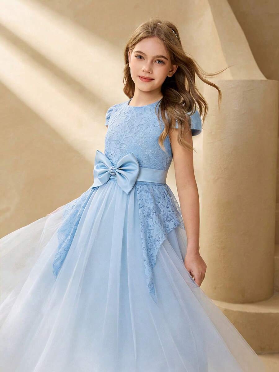 Girls' Luxury Niche High-End Hostess Birthday Performance Dress, Piano Recital Runway Princess Gown, Elegant Tulle Maxi Dress Girls Blue Elegant Dress Girls Lace And Tulle Dress Girls Formal Blue Dress Girls Formal Dress Kids Wedding Guest Dress Blue Party Dress Party Dresses For Girls Elegant Dresses For Girls Tulle Dress For Girl Gowns For Girls Lace Dress For Girl Blue Party Dress For Girl Girls Party Dress Formal Dresses For Girls Girls Bow Dress Girls Blue Formal Dress - Blue - View 1