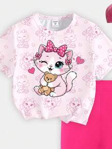 春夏少女休闲时尚创意个性清新可爱卡通猫咪波点粉色蝴蝶结泰迪熊爱心图案印花休闲T恤和骑行短裤套装，舒适日常穿着 - 彩色 - 查看 6