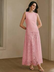 Anewsta Spring/Summer Elegant Knit Fabric Patchwork Hollow Embroidered Floral Pattern Waist Arc Split Sleeveless Cinched Waist Dress For Women Dinner Date - Pink - View 6