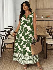 Weeklong Plus Size Women's A-Line V-Neck Sleeveless Solid Color Floral Print Casual Vacation Dress, Spring/Summer - Multicolor - View 3