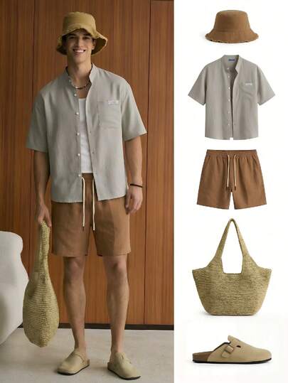 Manfinity Unisex 男士休闲短袖衬衫套装，字母织唛单排扣衬衫搭配宽松五分钟速成短裤，春夏款