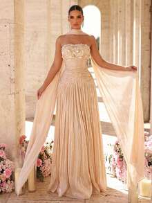 Glamrae Đầm cúp ngực màu mơ thanh lịch với họa tiết đính sequin 3D sang trọng, chân váy xếp ly xòe rộng (kèm dây buộc cổ có thể tháo rời), thích hợp cho các buổi hẹn hò, kỳ nghỉ, tiệc độc thân, đám cưới, đầm dạ hội dành cho nữ. - Màu xanh hải quân - Xem 7