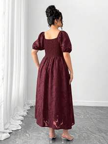 Elenzga 大码女士优雅方领花瓣袖提花镂空中长连衣裙 - 酒紅色 - 查看 2