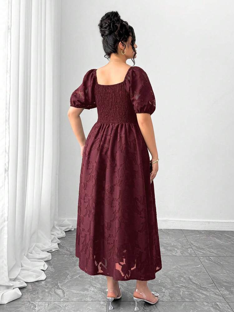Elenzga Plus Size Women's Elegant Square Neck Puff Sleeve Jacquard