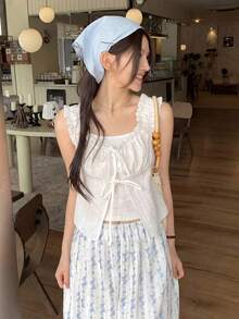 Áo kiểu ren xếp ly dành cho nữ, kiểu Hàn Quốc, mùa xuân/hè. - Màu be - Xem 8