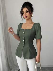Elenzga Women's Elegant French Style Casual/Commuter/Vacation Solid Color Square Neck Flutter Hem Buttoned Down Slim A-Line Short Sleeve Blouse, Spring/Summer - Army Green - View 4