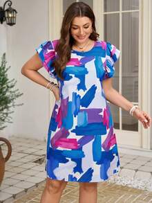 EMERY ROSE Đầm nữ cỡ lớn in họa tiết cọ, cổ tròn, tay bồng, kiểu dáng thường ngày. - Nhiều màu - Xem 1