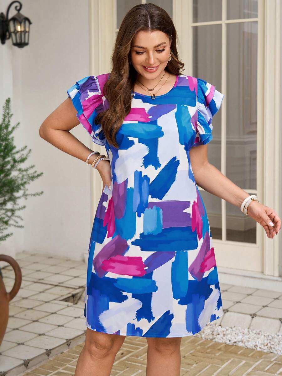 EMERY ROSE Đầm nữ cỡ lớn in họa tiết cọ, cổ tròn, tay bồng, kiểu dáng thường ngày. - Nhiều màu - Xem 1