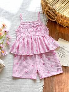 Vintaside Kids 少女夏季条纹蝴蝶结印花吊带背心和短裤套装，褶皱腰身宽松版型，适合日常外出、休闲聚会、野餐和拍照。 - 彩色 - 查看 3