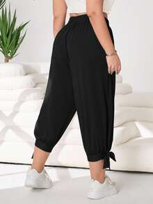 Solflare Plus Size Women's Pockets Flared Leg Pants With Bow Tie Waist Band, Versatile Capri Pants - Black - View 2