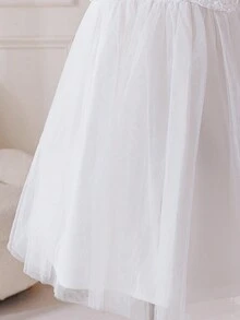 Glamorique Kids Đầm tay ngắn cổ tròn phối ren lưới tương phản thêu hoa mới cho bé gái mùa xuân/hè. - trắng - Xem 5