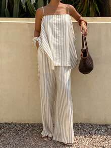 Livesso Conjunto de férias de verão feminino - Blusa regata branca com estampa listrada solta e calça casual, conjunto de 2 peças - Damasco - Ver 6