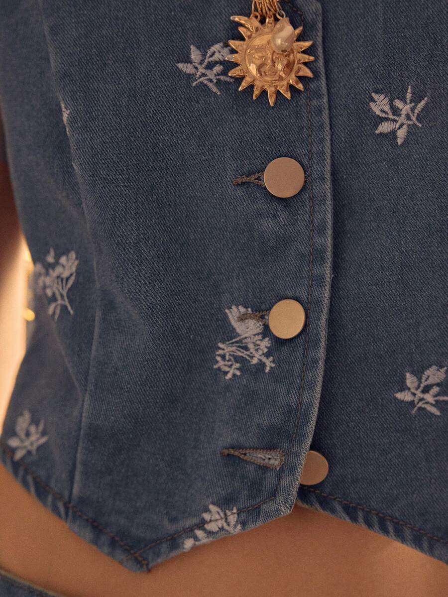 MOTF STUDIO DENIM EMBROIDERY DITSY FLORAL VEST JACKET & WIDE LEG JEANS SET - Blue - View 2
