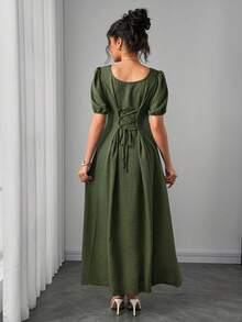 SHEIN Đầm bầu dáng chữ A thanh lịch, lãng mạn, vai lệch, xếp ly eo, thoải mái. - xanh quân đội - Xem 2