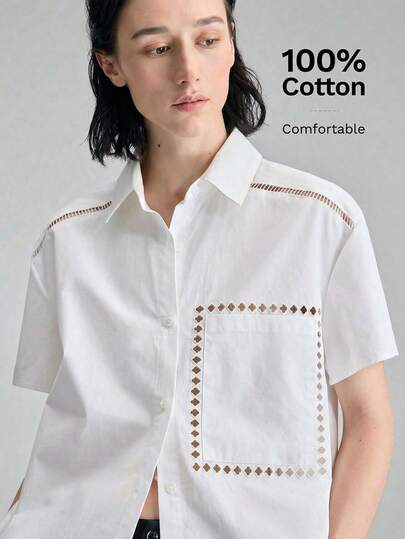 Ontre 2026春夏新款女式象牙色蕾丝拼接镂空刺绣口袋衬衫，现代优雅婚礼宾客装，简约浪漫法式奢华都市时尚商务休闲办公装，低调复古高端机场邮轮必备百搭高品质季节性婚纱系列度假装