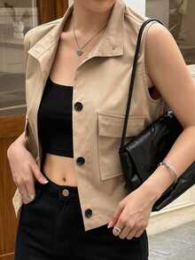 Livesso 女士纯色立领口袋短款夹克 - 卡其色 - 查看 5