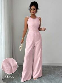 SHEIN Tall 女士蝴蝶结雏菊刺绣面料腰部喇叭裤连体裤，优雅廓形，适合日常通勤 - 粉色 - 查看 3