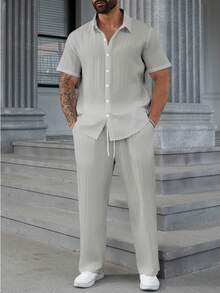 Manfinity Homme Bộ đồ nam trơn màu, áo sơ mi ngắn tay cài một hàng khuy và quần dài, thích hợp mặc hàng ngày. - Màu Xám nhạt - Xem 5