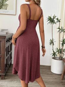 Cheriluna Maternity Maternity Summer Casual Vacation Solid Color Ruched Bust Button Decor Nursing Slip Dress - Burgundy - View 2