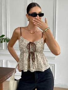 Serisse Women's Summer All Shades Of Brown Cottage Core Brunch Ditsy Floral Contrast Tie Camisole,Elegant Casual Vacation Party Wedding Birthday Costume - Multicolor - View 5