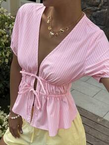 Livesso Countryside Style Holiday Easter Party Summer Vacation Pink Striped Petal Sleeve Tie Waist Women Blouse - Pink - View 6