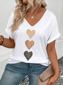 EMERY ROSE Women's V-Neck Turnover Cuff, Ombre Heart Print Casual Versatile T-Shirt, Spring/Summer - White - View 4