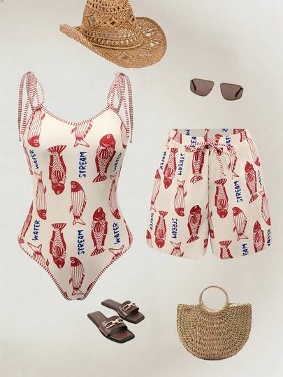 Swim Oasis مجموعة بوهو من السراويل القصيرة والبدلة السباحة قطعة واحدة مع رسومات أسماك، موسم الربيع/الصيف 26
