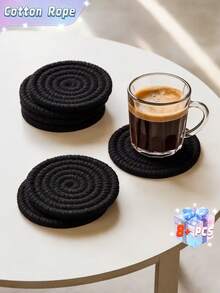 8pcs Pack Coasters With Holder, Minimalist Table Woven Coasters, Kitchen Table Heat-Resistant Coasters And Thick Insulation Pads For Kitchen Decor,Assorted Coaster Set For Home Decor, Living Room Decor, Kitchen Decor Tabletop Protection Suitable For Kinds Of Cups, Christmas For Holiday Gift Giving - Black - View 1