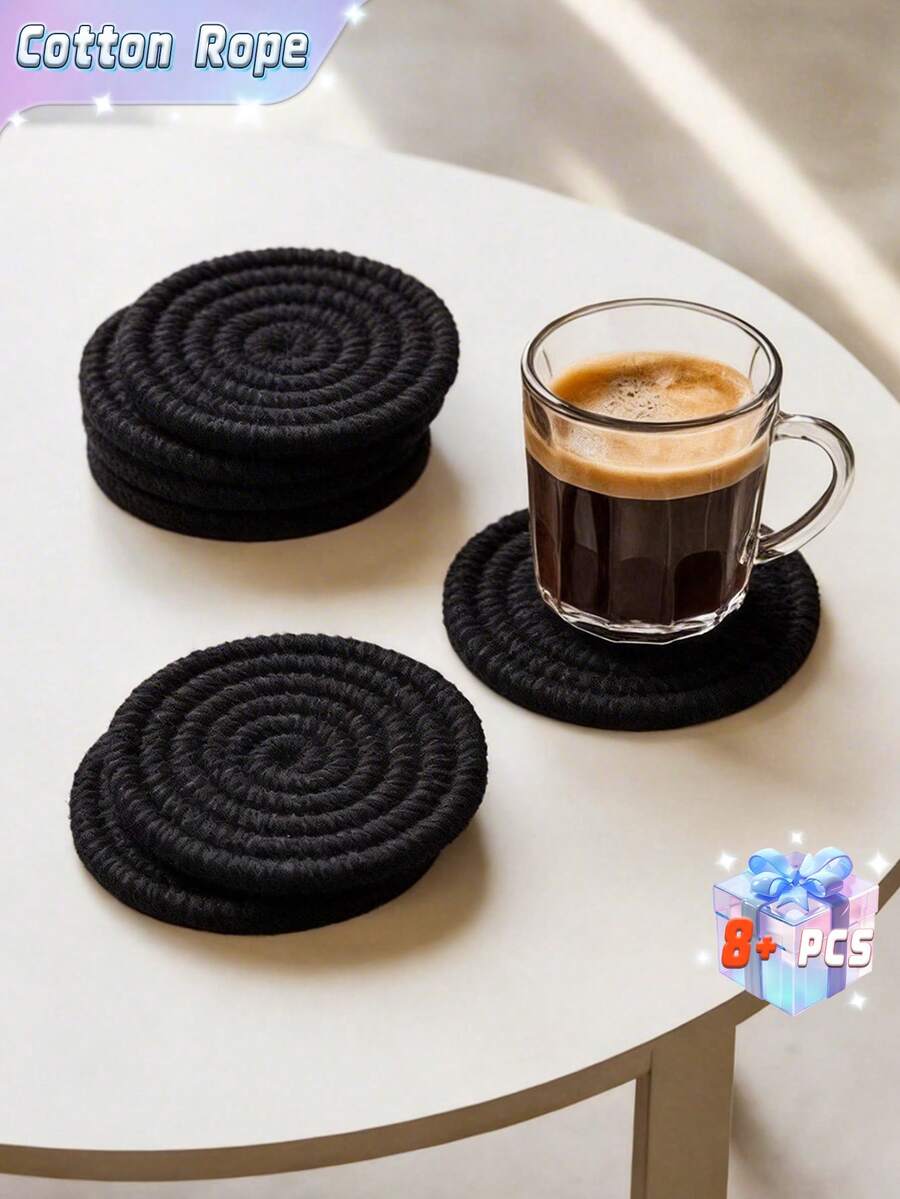 8pcs Pack Coasters With Holder, Minimalist Table Woven Coasters, Kitchen Table Heat-Resistant Coasters And Thick Insulation Pads For Kitchen Decor,Assorted Coaster Set For Home Decor, Living Room Decor, Kitchen Decor Tabletop Protection Suitable For Kinds Of Cups, Christmas For Holiday Gift Giving - Black - View 1