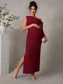 Momance 优雅孕妇连衣裙，提花面料，适合情人节、夏季、春季、婚礼派对等场合 - 酒紅色 - 查看 4