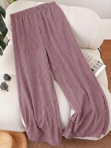 [Free Shipping]Plus Size Striped Heart Print Straight Leg Pants Women's Summer Pants Cute Pants For Woman Pants For Women Casual Wide Leg Pants Woman High Waist Women Pants - 中紫紅色 - 查看 2