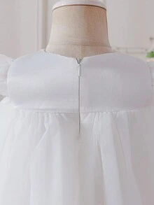 Glamorique Kids 花童礼服，薄白色网纱短袖A字型正式礼服，生日派对场合礼服 - 白色 - 查看 3